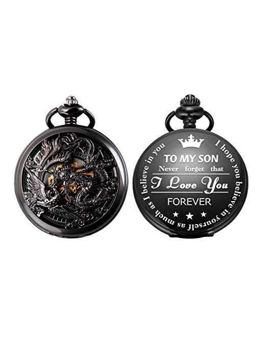 SIBOSUN Pocket Watch Personalized Engraved Mechanical MOM to Son Birthday Graduation Dragon Phoenix