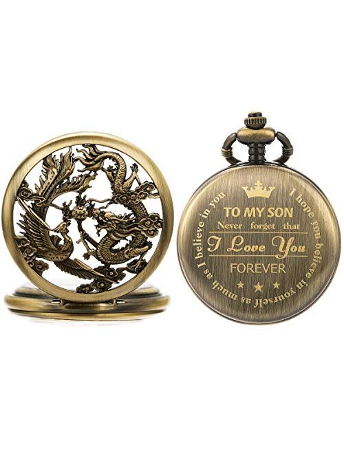 SIBOSUN Pocket Watch Personalized Engraved Mechanical MOM to Son Birthday Graduation Dragon Phoenix