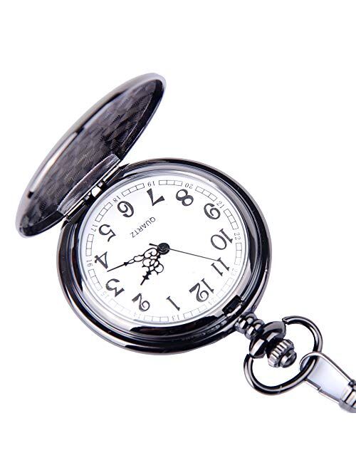 ShoppeWatch Pocket Watch Quartz Movement Black Case White Dial Arabic Numeral with Chain Full Hunter PW23