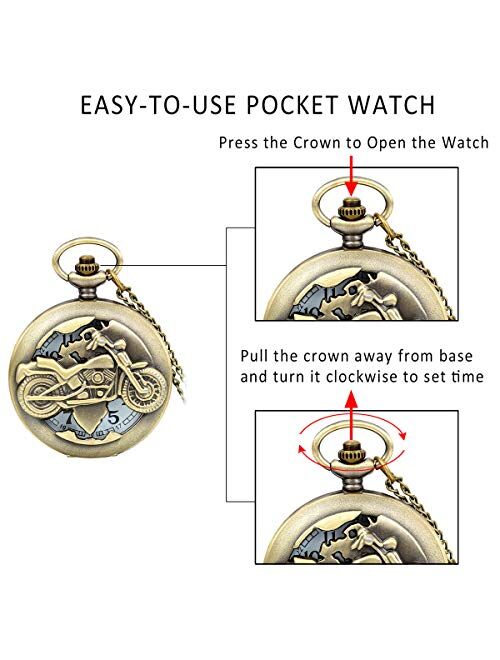 Jewelrywe Bronze Biker Motorcycle Pocket Watch Motorbike Motor Pocket Watch Necklace Pendant for Men Women for Mothers Day