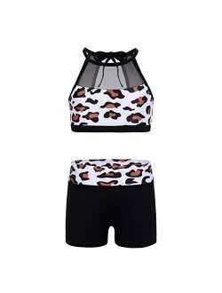 dPois Kids Girls' Polka Dots Strappy Top Bra with Shorts Set for Sports Workout Gymnastics Leotard Dancing