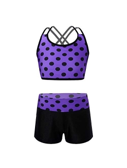 dPois Kids Girls' Polka Dots Strappy Top Bra with Shorts Set for Sports Workout Gymnastics Leotard Dancing