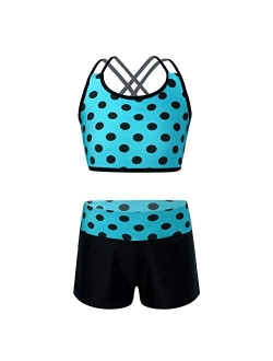 dPois Kids Girls' Polka Dots Strappy Top Bra with Shorts Set for Sports Workout Gymnastics Leotard Dancing