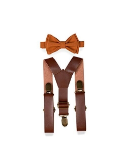 Brown PU Leather Suspenders Bow Tie Combo for Baby Toddler Boy Men