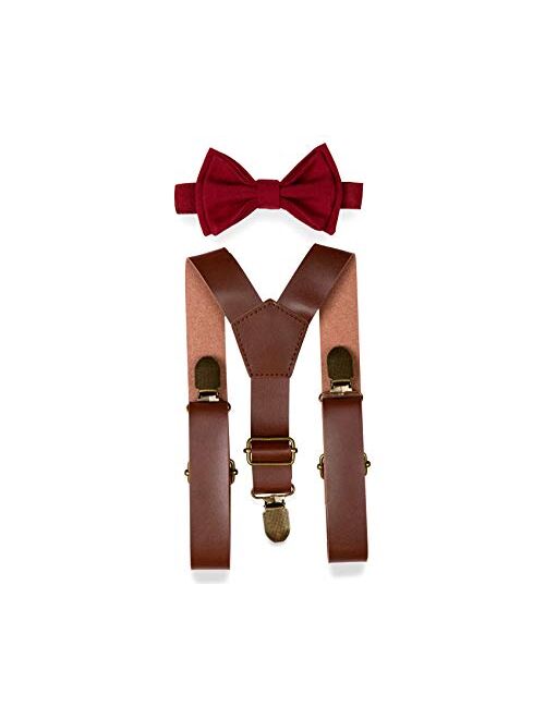 Brown PU Leather Suspenders Bow Tie Combo for Baby Toddler Boy Men