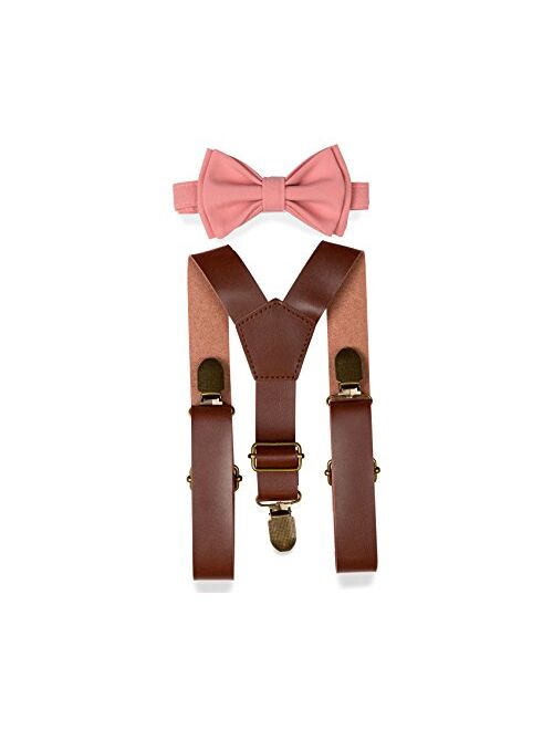 Brown PU Leather Suspenders Bow Tie Combo for Baby Toddler Boy Men