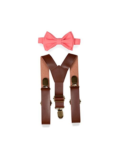 Brown PU Leather Suspenders Bow Tie Combo for Baby Toddler Boy Men