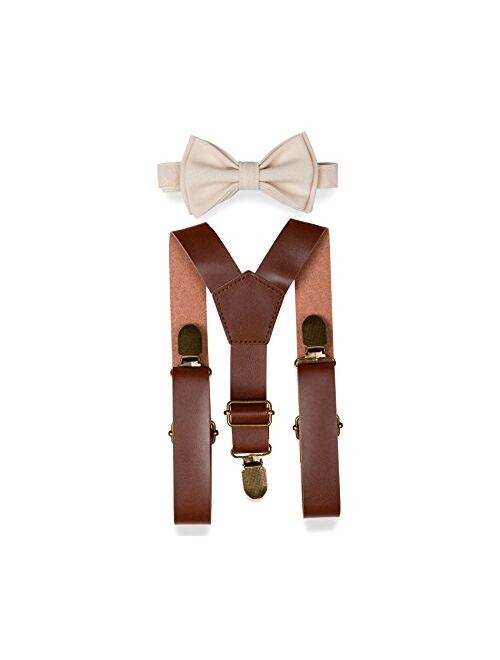 Brown PU Leather Suspenders Bow Tie Combo for Baby Toddler Boy Men