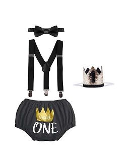 ODASDO Baby Boy 1st / 2nd Birthday Cake Smash Outfit Suspender + Bow Tie + Pants + Headband 4pcs Set Photo Props