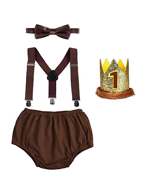 ODASDO Baby Boy 1st / 2nd Birthday Cake Smash Outfit Suspender + Bow Tie + Pants + Headband 4pcs Set Photo Props