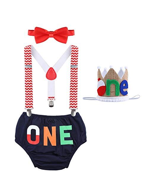 ODASDO Baby Boy 1st / 2nd Birthday Cake Smash Outfit Suspender + Bow Tie + Pants + Headband 4pcs Set Photo Props