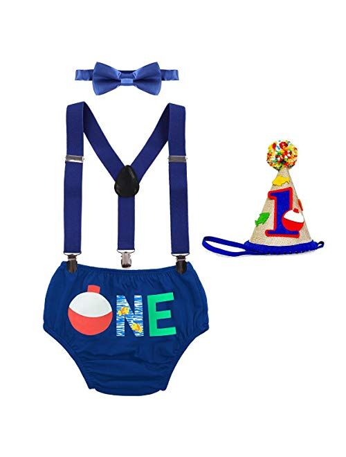 ODASDO Baby Boy 1st / 2nd Birthday Cake Smash Outfit Suspender + Bow Tie + Pants + Headband 4pcs Set Photo Props