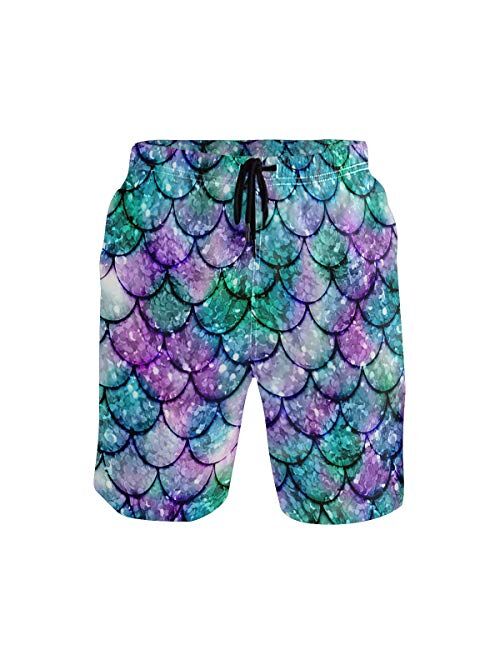 Multicolored Glowing Mermaid Men's Summer Casual Shorts Beachwear Sports Swim Board Shorts Quick Dry Surf Shorts White