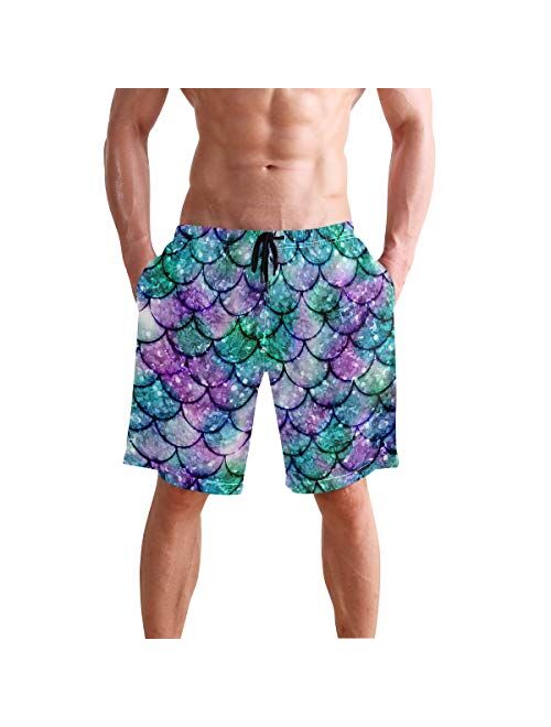 Multicolored Glowing Mermaid Men's Summer Casual Shorts Beachwear Sports Swim Board Shorts Quick Dry Surf Shorts White