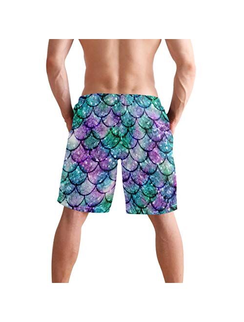 Multicolored Glowing Mermaid Men's Summer Casual Shorts Beachwear Sports Swim Board Shorts Quick Dry Surf Shorts White