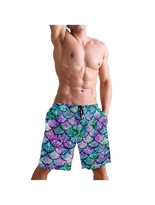 Multicolored Glowing Mermaid Men's Summer Casual Shorts Beachwear Sports Swim Board Shorts Quick Dry Surf Shorts White