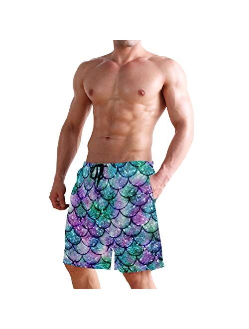 Multicolored Glowing Mermaid Men's Summer Casual Shorts Beachwear Sports Swim Board Shorts Quick Dry Surf Shorts White