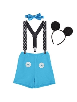 Baby Boys 1st Birthday Cake Smash Outfit Adjustable Y Back Clip Suspenders Bowtie set Bloomers with Mouse Ears Headband