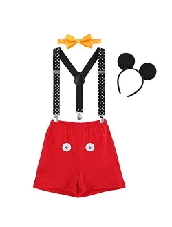 Baby Boys 1st Birthday Cake Smash Outfit Adjustable Y Back Clip Suspenders Bowtie set Bloomers with Mouse Ears Headband