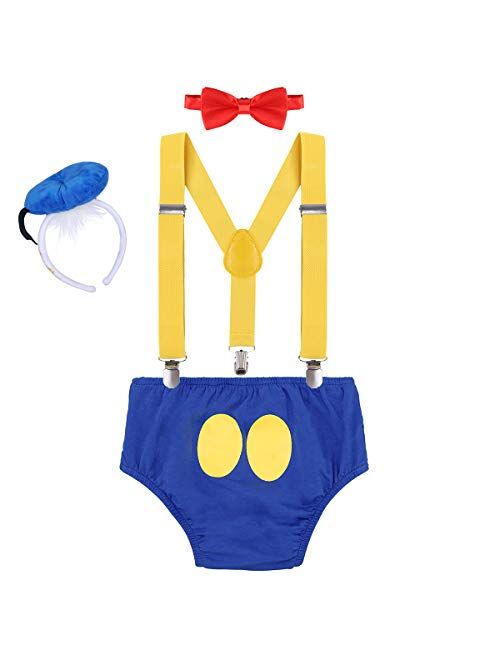 Baby Boys 1st Birthday Cake Smash Outfit Adjustable Y Back Clip Suspenders Bowtie set Bloomers with Mouse Ears Headband