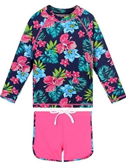 Girls Rash Guard Long Sleeve Swimsuit Two Piece UPF 50+ Sun Protective Beach Swimwear