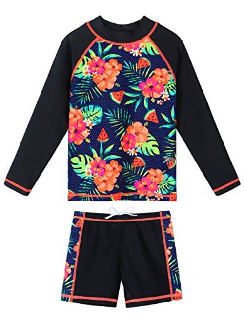 Girls Rash Guard Long Sleeve Swimsuit Two Piece UPF 50+ Sun Protective Beach Swimwear