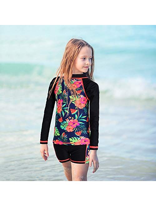 Girls Rash Guard Long Sleeve Swimsuit Two Piece UPF 50+ Sun Protective Beach Swimwear