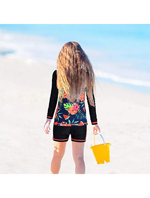 Girls Rash Guard Long Sleeve Swimsuit Two Piece UPF 50+ Sun Protective Beach Swimwear