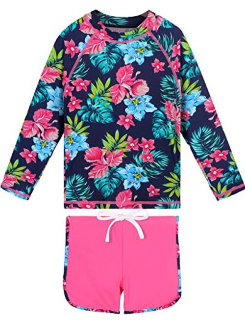 Girls Rash Guard Long Sleeve Swimsuit Two Piece UPF 50+ Sun Protective Beach Swimwear