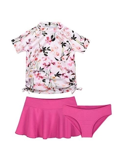 Cadocado Girls Chic 3 Pieces Rash Guard Swimwear UPF 50+ Floral Short Sleeve Swim Set