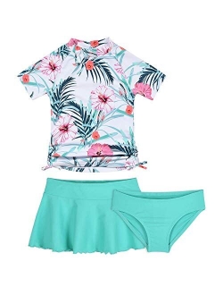 Cadocado Girls Chic 3 Pieces Rash Guard Swimwear UPF 50+ Floral Short Sleeve Swim Set