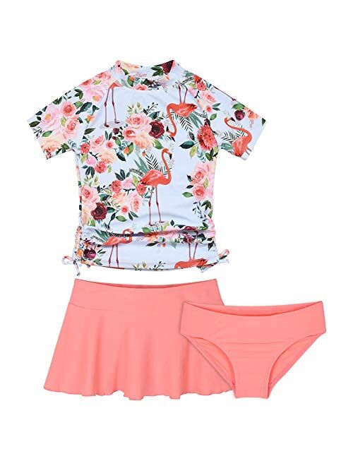 Cadocado Girls Chic 3 Pieces Rash Guard Swimwear UPF 50+ Floral Short Sleeve Swim Set