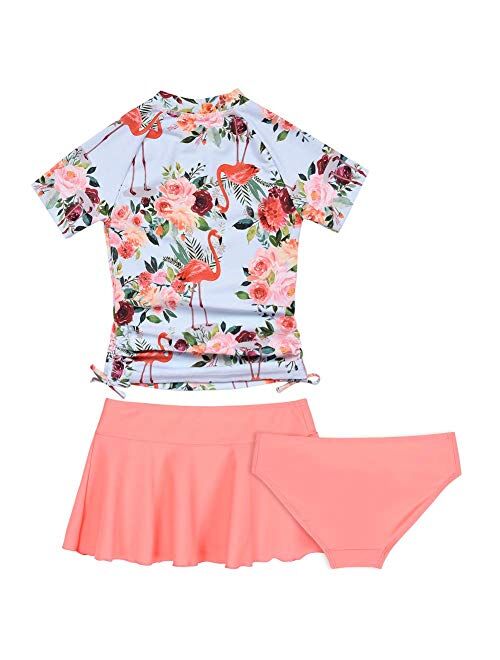 Cadocado Girls Chic 3 Pieces Rash Guard Swimwear UPF 50+ Floral Short Sleeve Swim Set