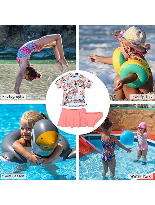 Cadocado Girls Chic 3 Pieces Rash Guard Swimwear UPF 50+ Floral Short Sleeve Swim Set