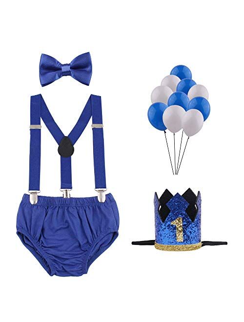 First Birthday Cake Smash Outfit for Baby Boys Party Crown Bloomers Bowtie Suspenders set