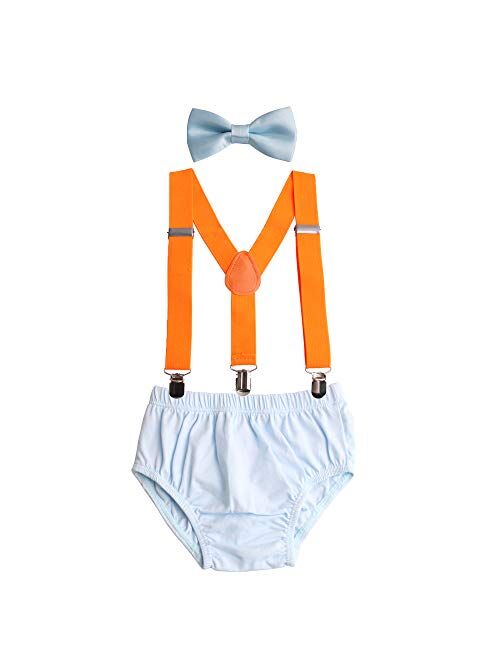 First Birthday Cake Smash Outfit for Baby Boys Party Crown Bloomers Bowtie Suspenders set