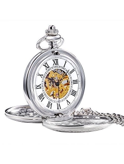 Mens Skeleton Mechanical Pocket Watch, Retro Roman Numerals, Half Hunter, Bronze