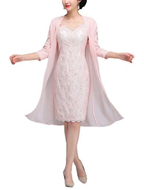 Newdeve Lace Mother Of The Bride Dresses With Jacket Tea Length Formal Gowns