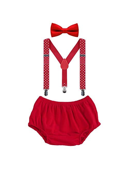 IBTOM CASTLE Baby Boys 1st 2nd Birthday Cake Smash Clothes Diaper Bow Tie Suspender 3PCS Outfit Set for Photography Party