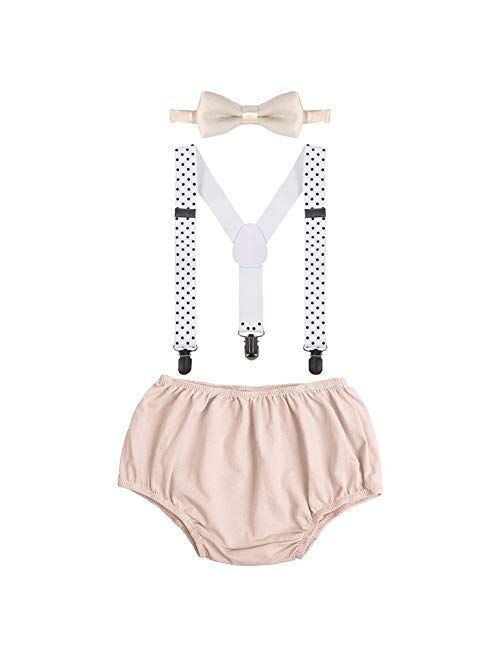 IBTOM CASTLE Baby Boys 1st 2nd Birthday Cake Smash Clothes Diaper Bow Tie Suspender 3PCS Outfit Set for Photography Party