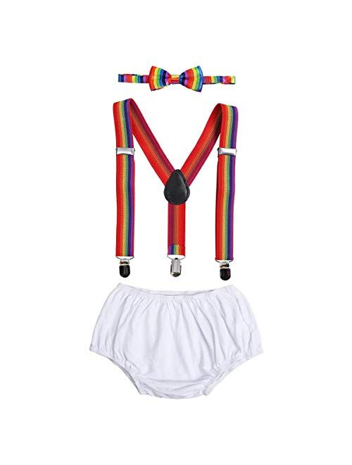 IBTOM CASTLE Baby Boys 1st 2nd Birthday Cake Smash Clothes Diaper Bow Tie Suspender 3PCS Outfit Set for Photography Party