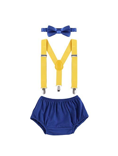 IBTOM CASTLE Baby Boys 1st 2nd Birthday Cake Smash Clothes Diaper Bow Tie Suspender 3PCS Outfit Set for Photography Party