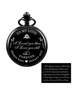 ManChDa Mens Womens Quartz Personalized Pocket Watch Engraved Engraving Customized with Chain Gift Box Wedding Gift for Groomsman Bestman Husband Dad Love