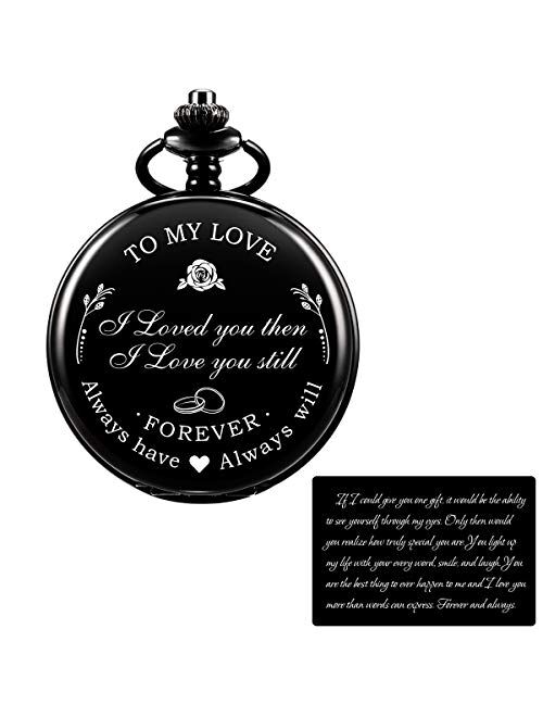 ManChDa Mens Womens Quartz Personalized Pocket Watch Engraved Engraving Customized with Chain Gift Box Wedding Gift for Groomsman Bestman Husband Dad Love