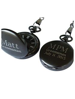 Personalized Gunmetal Quartz Pocket Watch with Chain - Groomsmen Wedding Party - Engraved