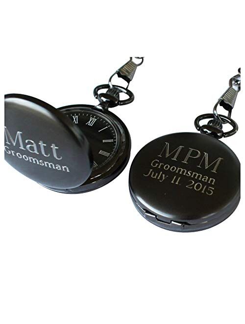 Personalized Gunmetal Quartz Pocket Watch with Chain - Groomsmen Wedding Party - Engraved