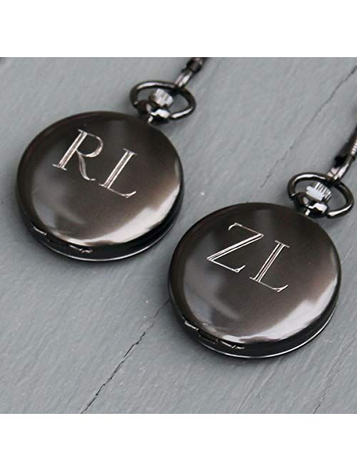 Personalized Gunmetal Quartz Pocket Watch with Chain - Groomsmen Wedding Party - Engraved