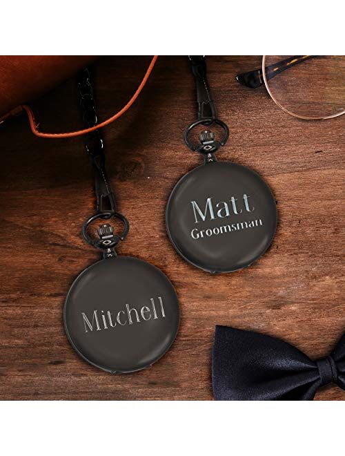 Personalized Gunmetal Quartz Pocket Watch with Chain - Groomsmen Wedding Party - Engraved