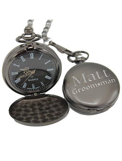 Personalized Gunmetal Quartz Pocket Watch with Chain - Groomsmen Wedding Party - Engraved