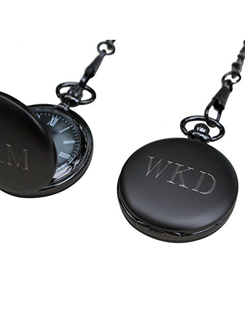 Personalized Gunmetal Quartz Pocket Watch with Chain - Groomsmen Wedding Party - Engraved